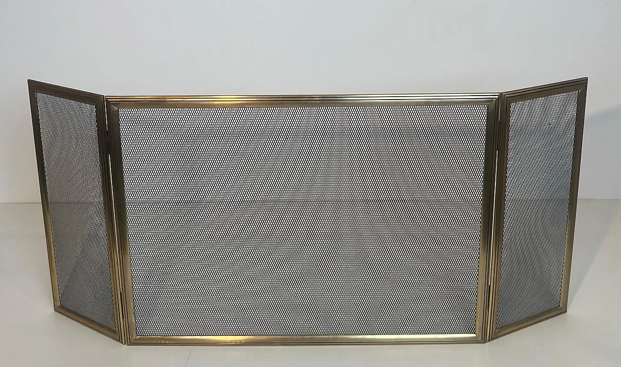 Paravento per caminetto a 3 pannelli in ottone e griglia, anni '70 2