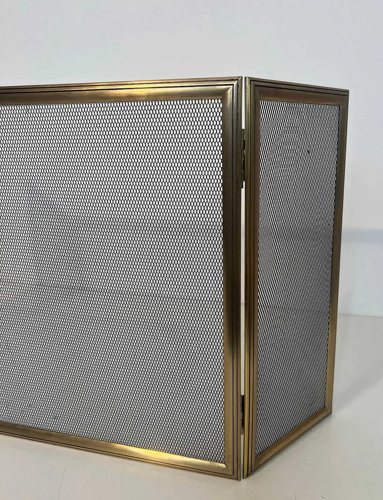 Paravento per caminetto a 3 pannelli in ottone e griglia, anni '70 3