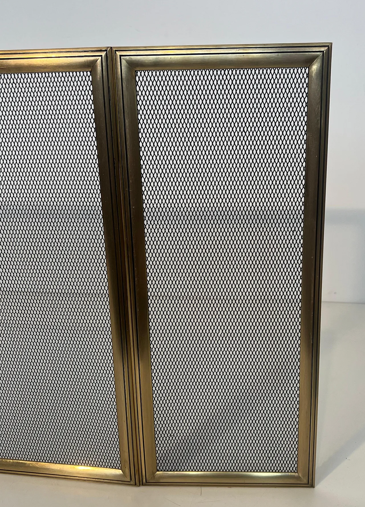 Paravento per caminetto a 3 pannelli in ottone e griglia, anni '70 5