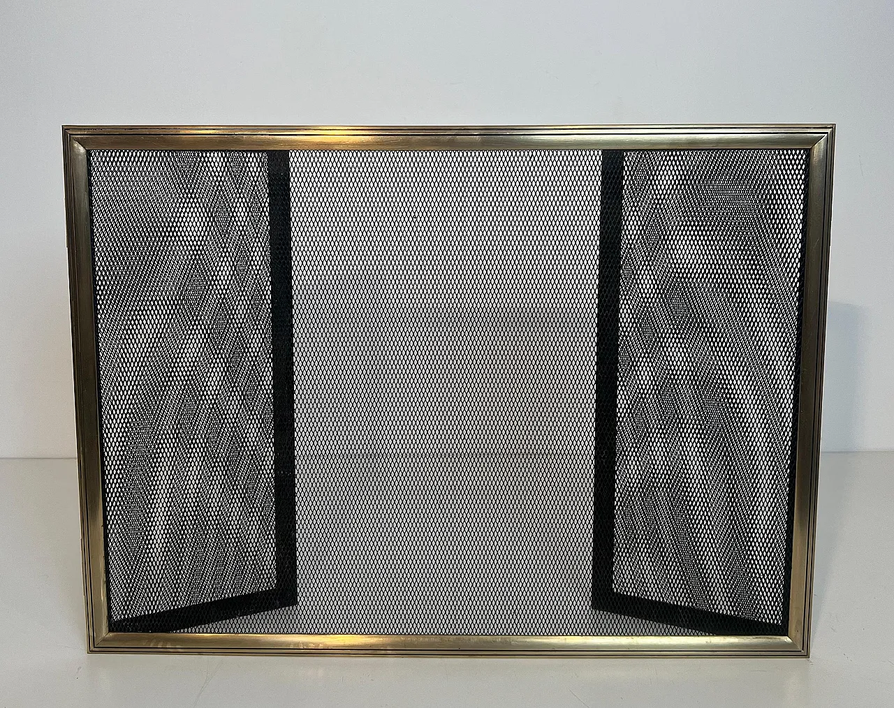 Paravento per caminetto a 3 pannelli in ottone e griglia, anni '70 9