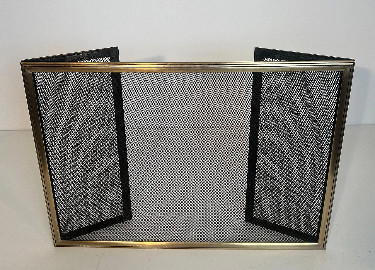 Paravento per caminetto a 3 pannelli in ottone e griglia, anni '70 10