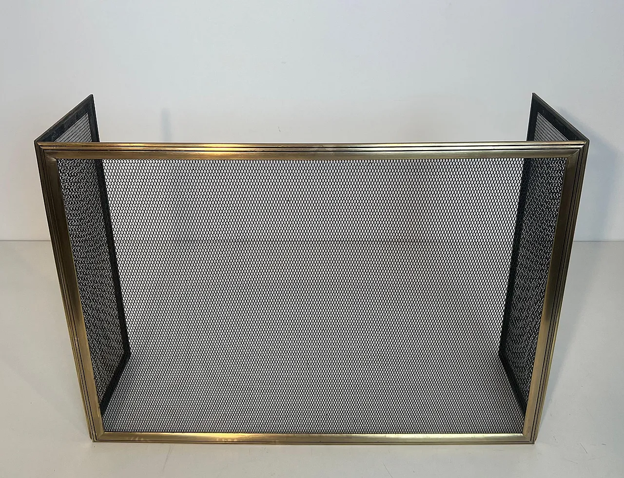 Paravento per caminetto a 3 pannelli in ottone e griglia, anni '70 12