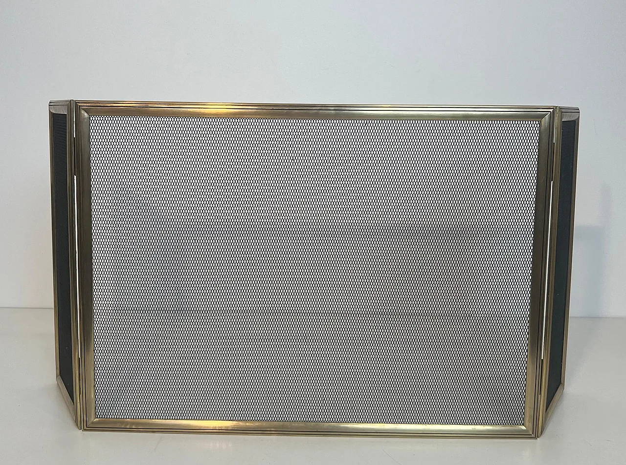 Paravento per caminetto a 3 pannelli in ottone e griglia, anni '70 13