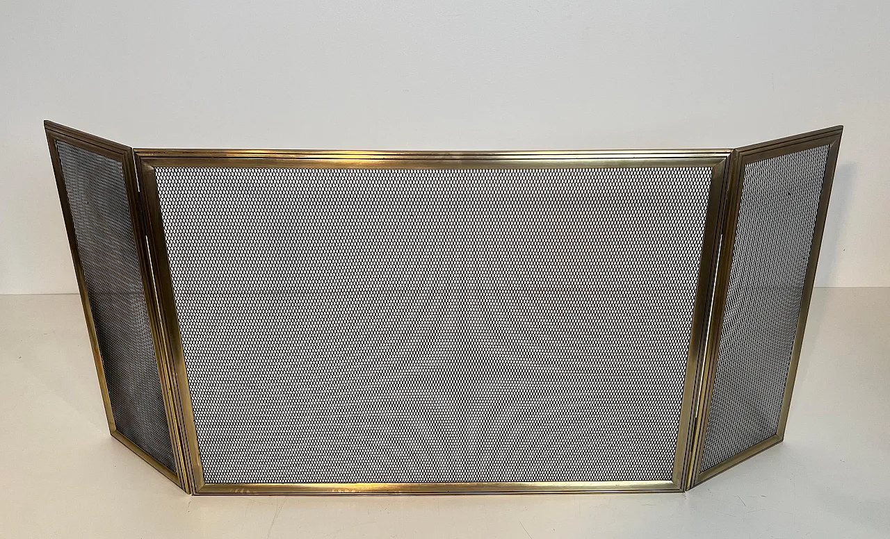 Paravento per caminetto a 3 pannelli in ottone e griglia, anni '70 15