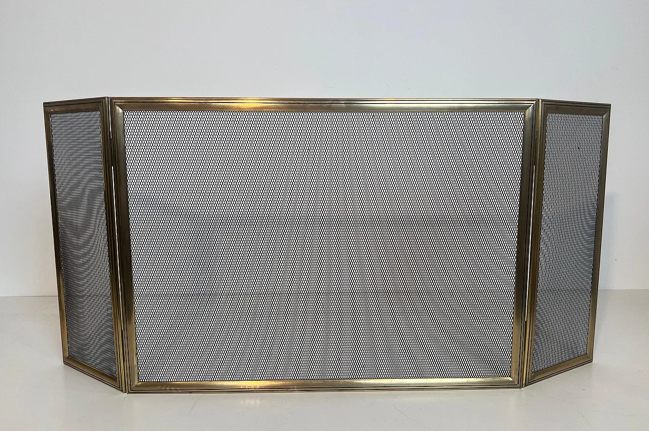 Paravento per caminetto a 3 pannelli in ottone e griglia, anni '70 16