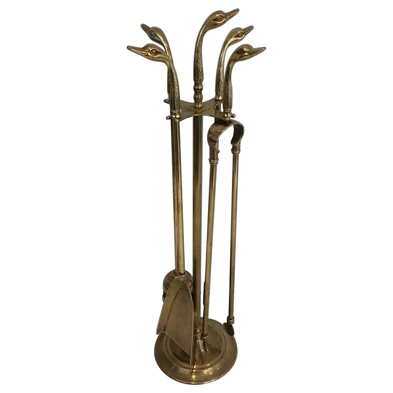 Brass fireplace tools with duck heads on stand, 1940s 1