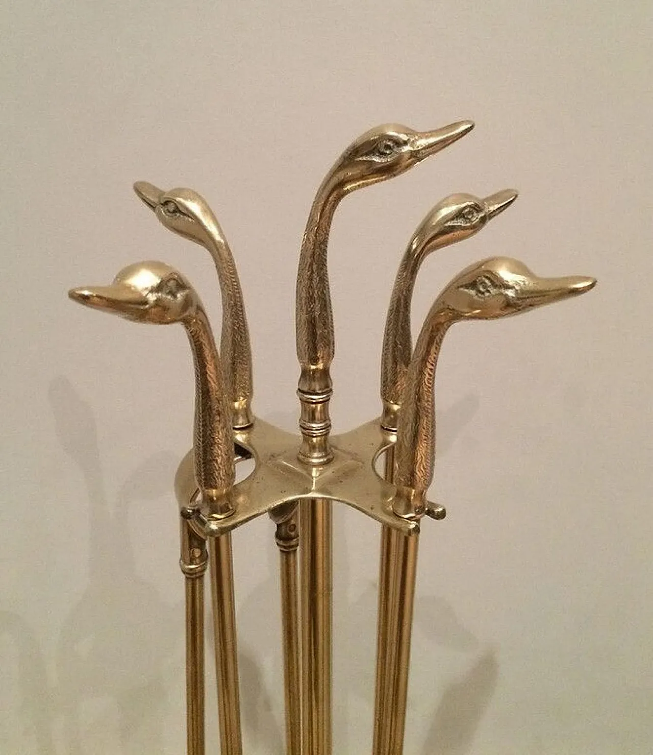 Brass fireplace tools with duck heads on stand, 1940s 2