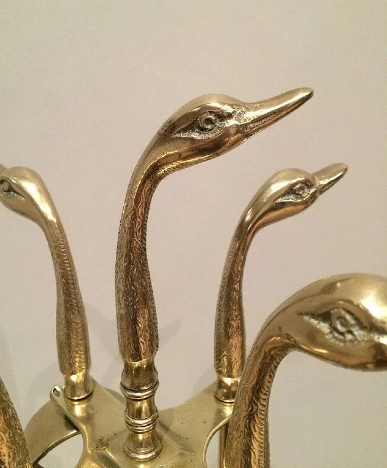 Brass fireplace tools with duck heads on stand, 1940s 3