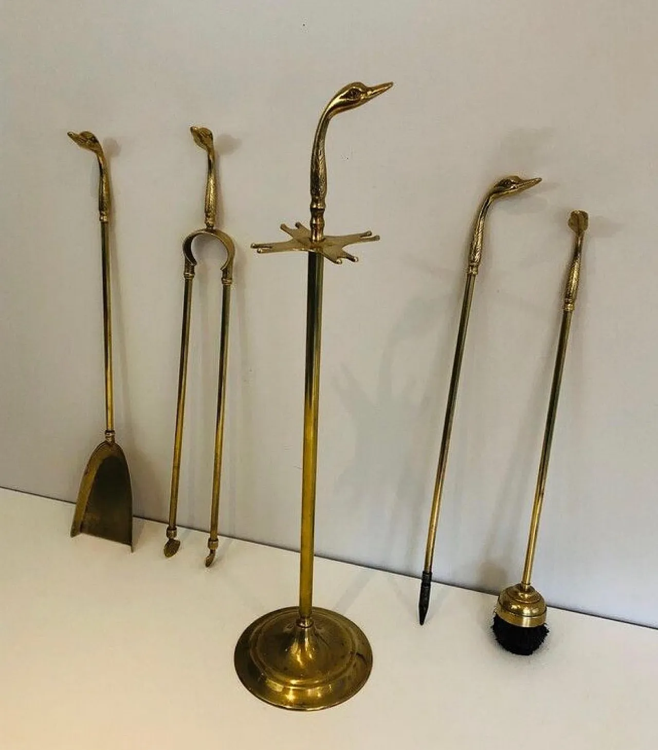 Brass fireplace tools with duck heads on stand, 1940s 5