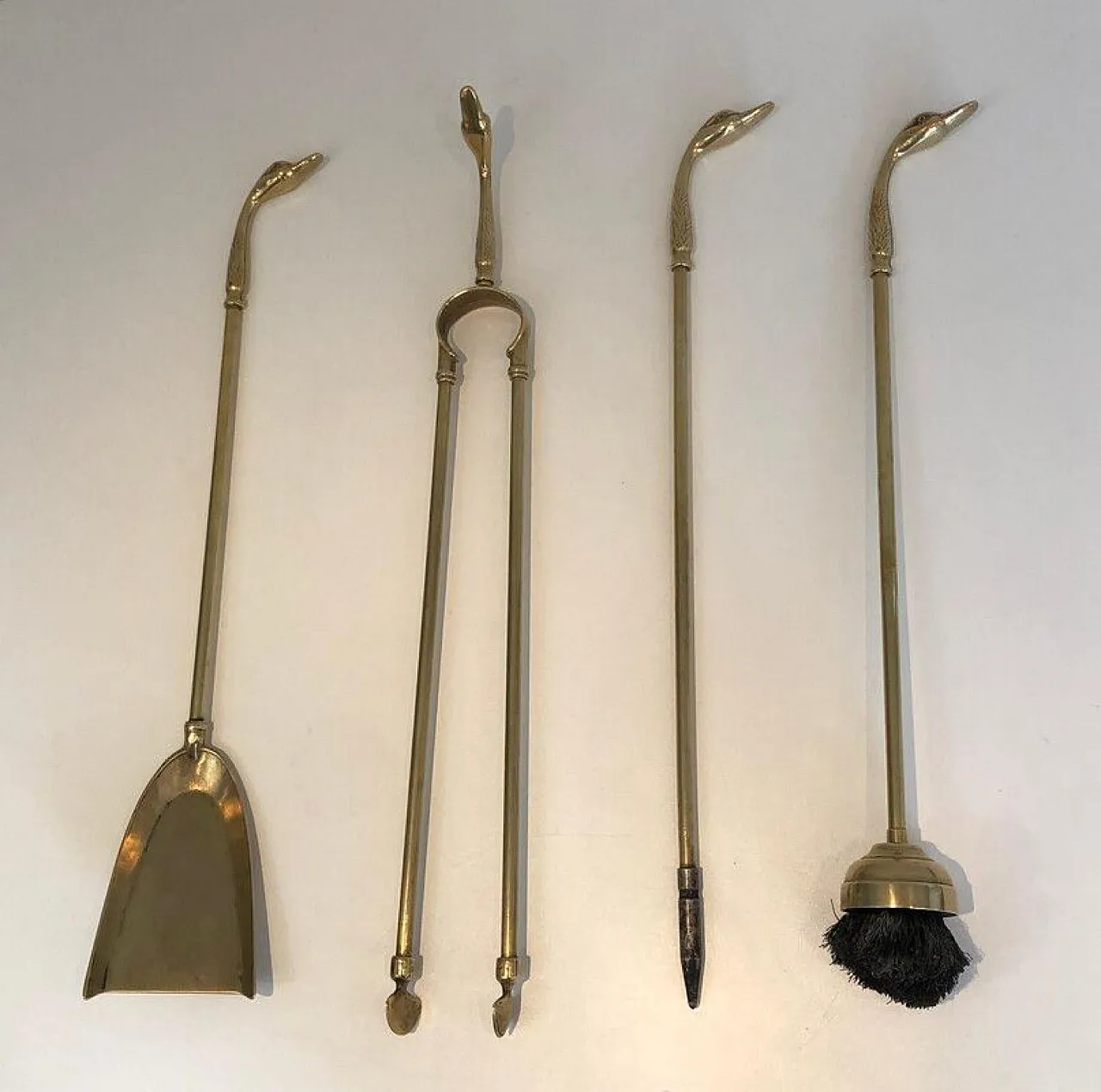 Brass fireplace tools with duck heads on stand, 1940s 6
