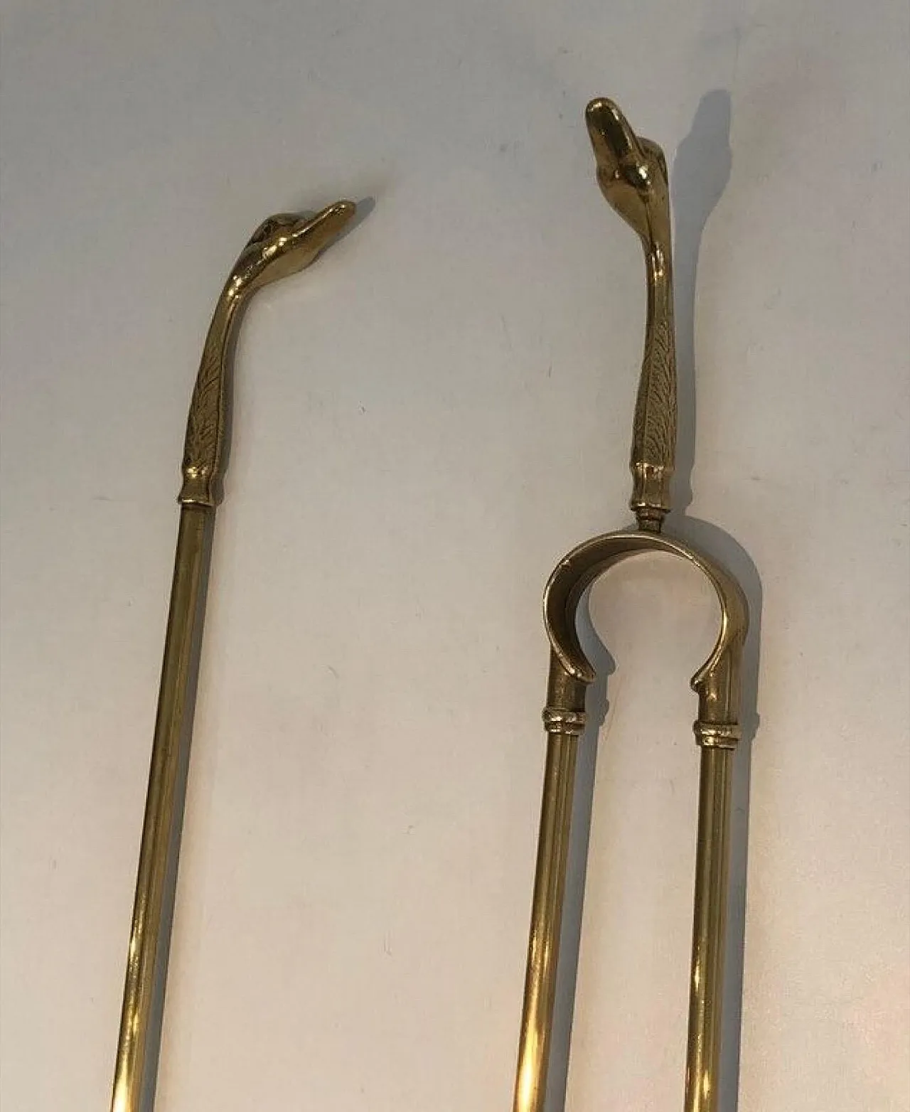 Brass fireplace tools with duck heads on stand, 1940s 7
