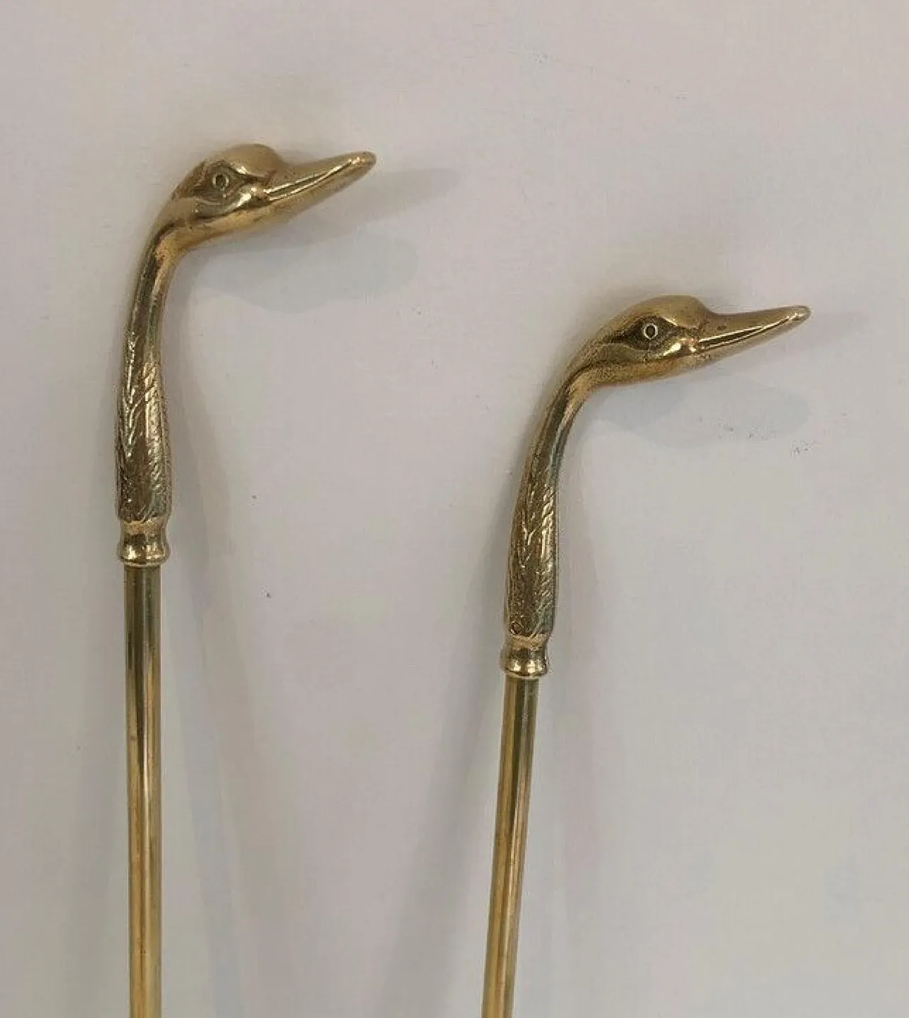 Brass fireplace tools with duck heads on stand, 1940s 8