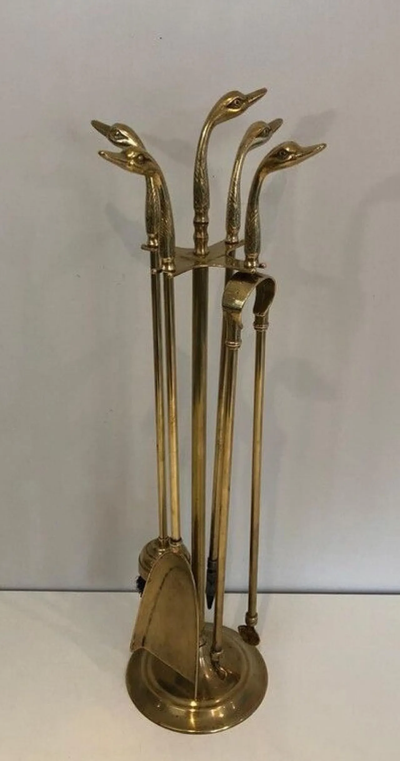 Brass fireplace tools with duck heads on stand, 1940s 9