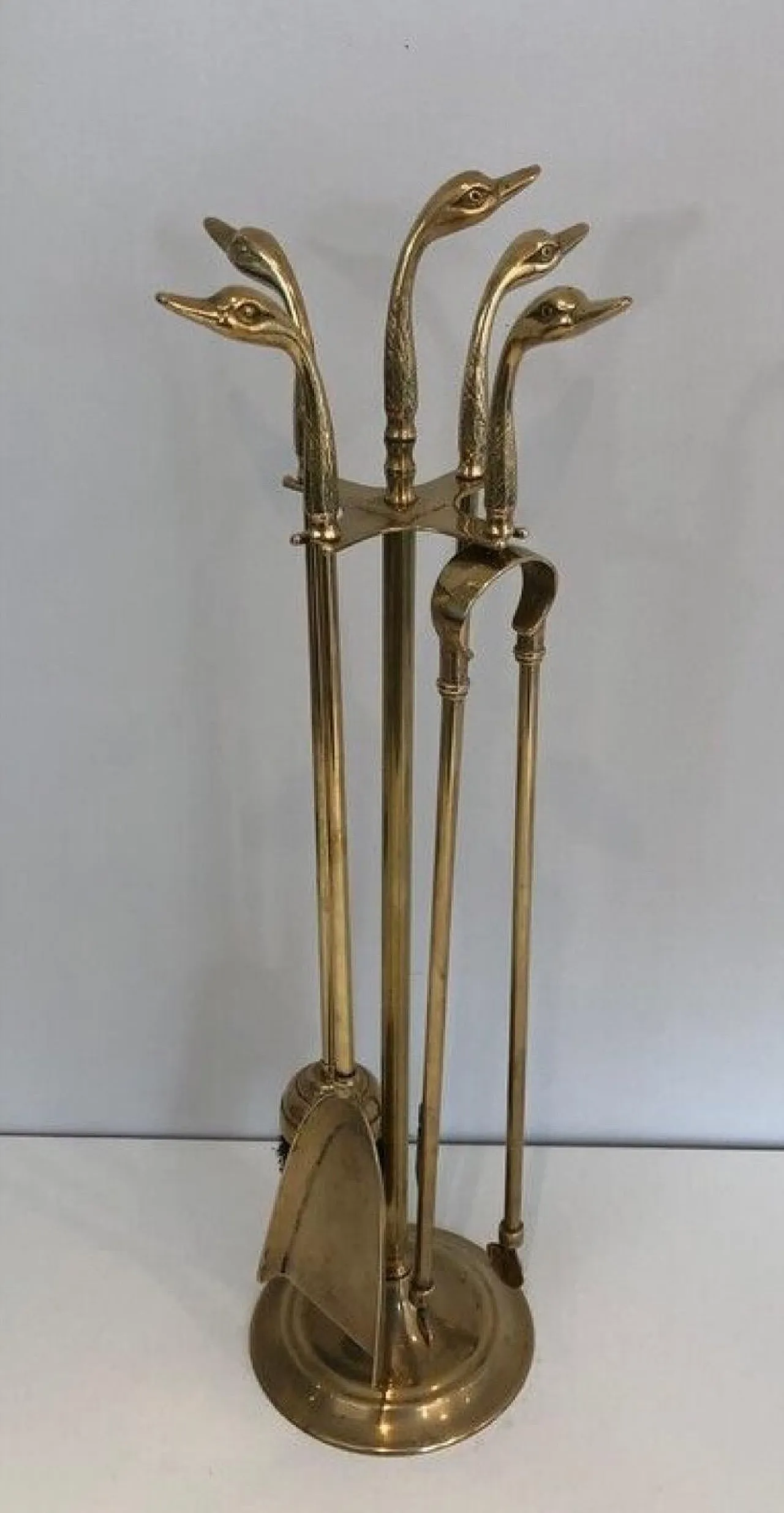 Brass fireplace tools with duck heads on stand, 1940s 10