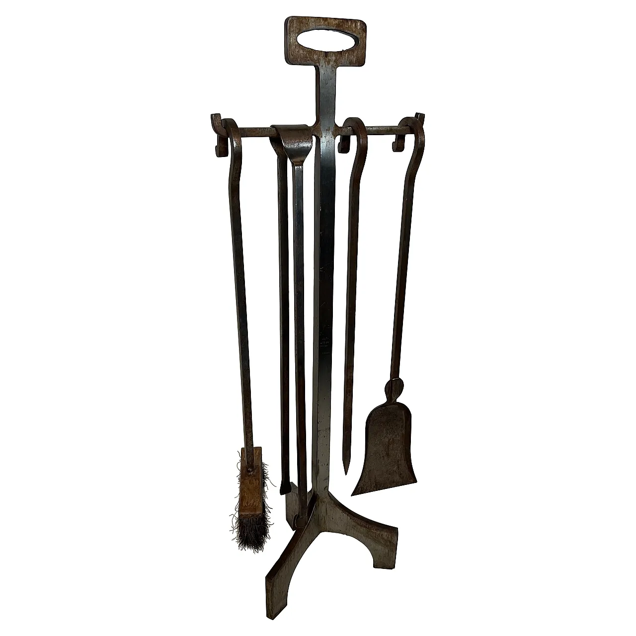 Modernist steel fireplace tools on stand, 1970s 1
