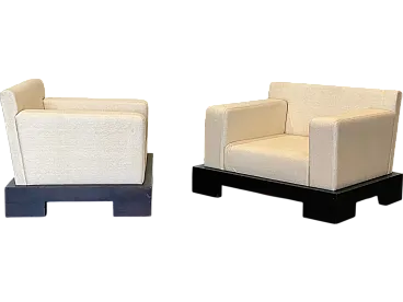 Pair of teak wood and fabric armchairs, 90s