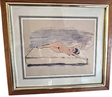 Female nude, watercolor with an erotic subject. 1950s Italy