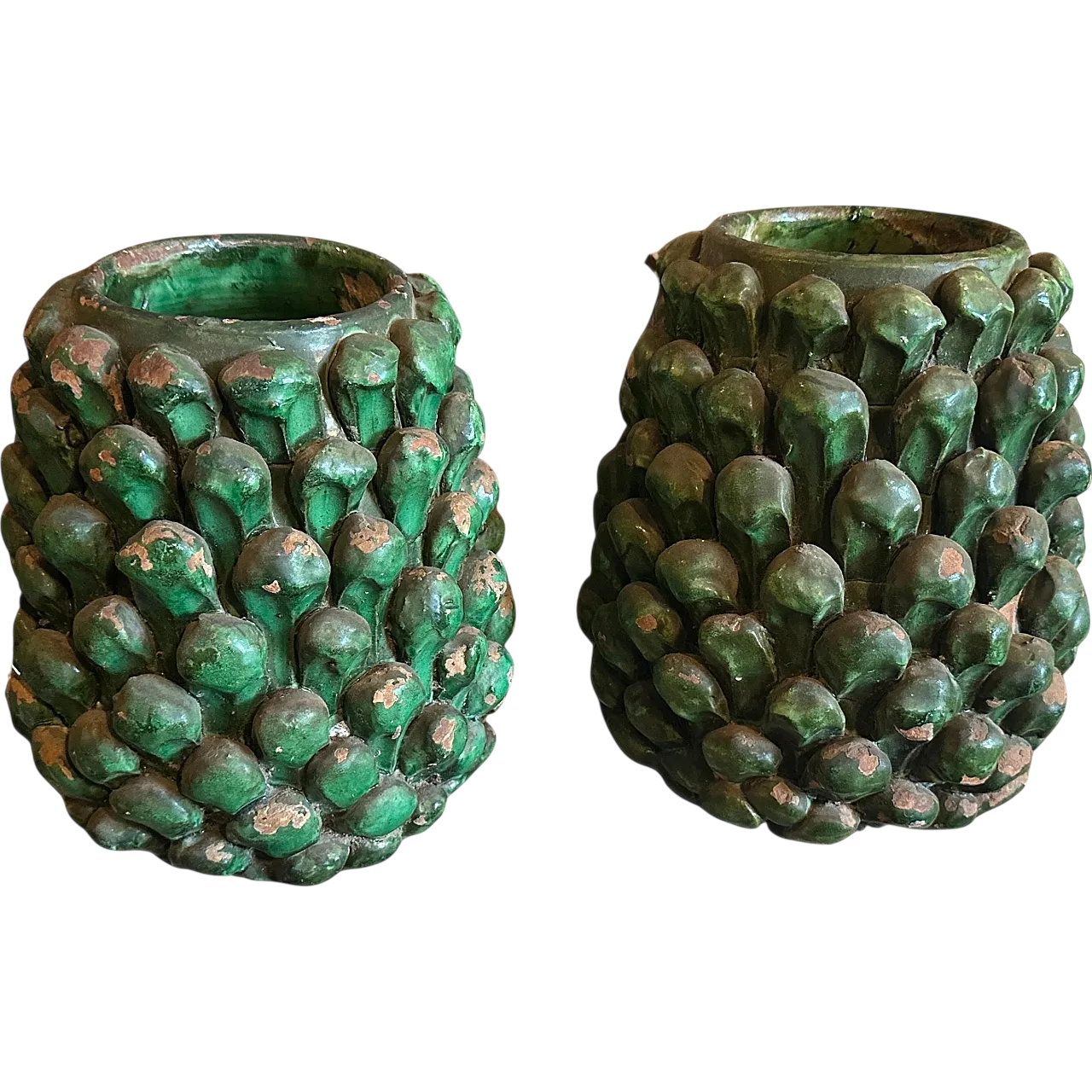 Pair of Sicilian painted terracotta pine cone vases, 1920s 11