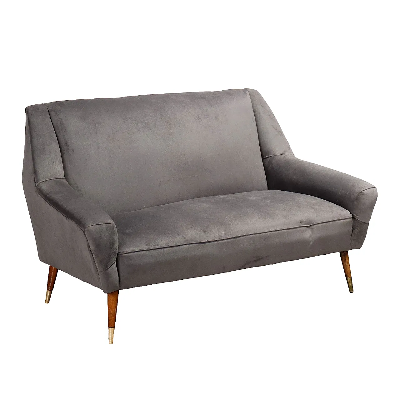 Fabric sofa with wooden legs and brass finial, 1950s 1