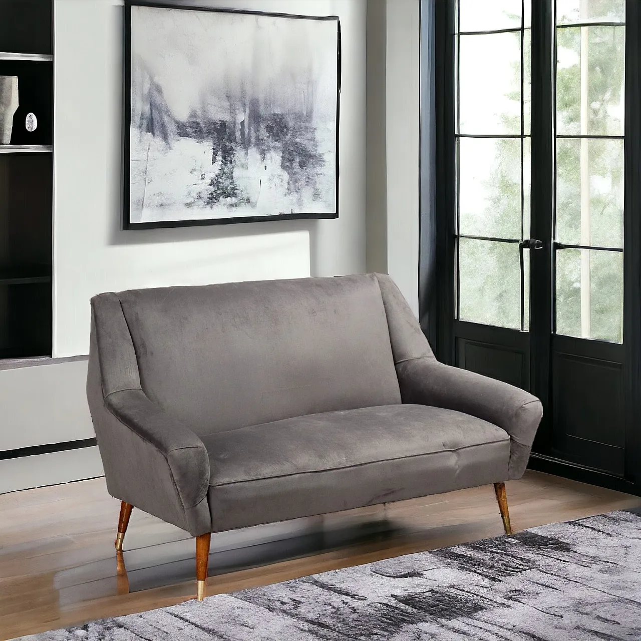 Fabric sofa with wooden legs and brass finial, 1950s 10