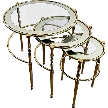 3 Tavolini rotondi in ottone con piani in vetro e argento, anni '40
