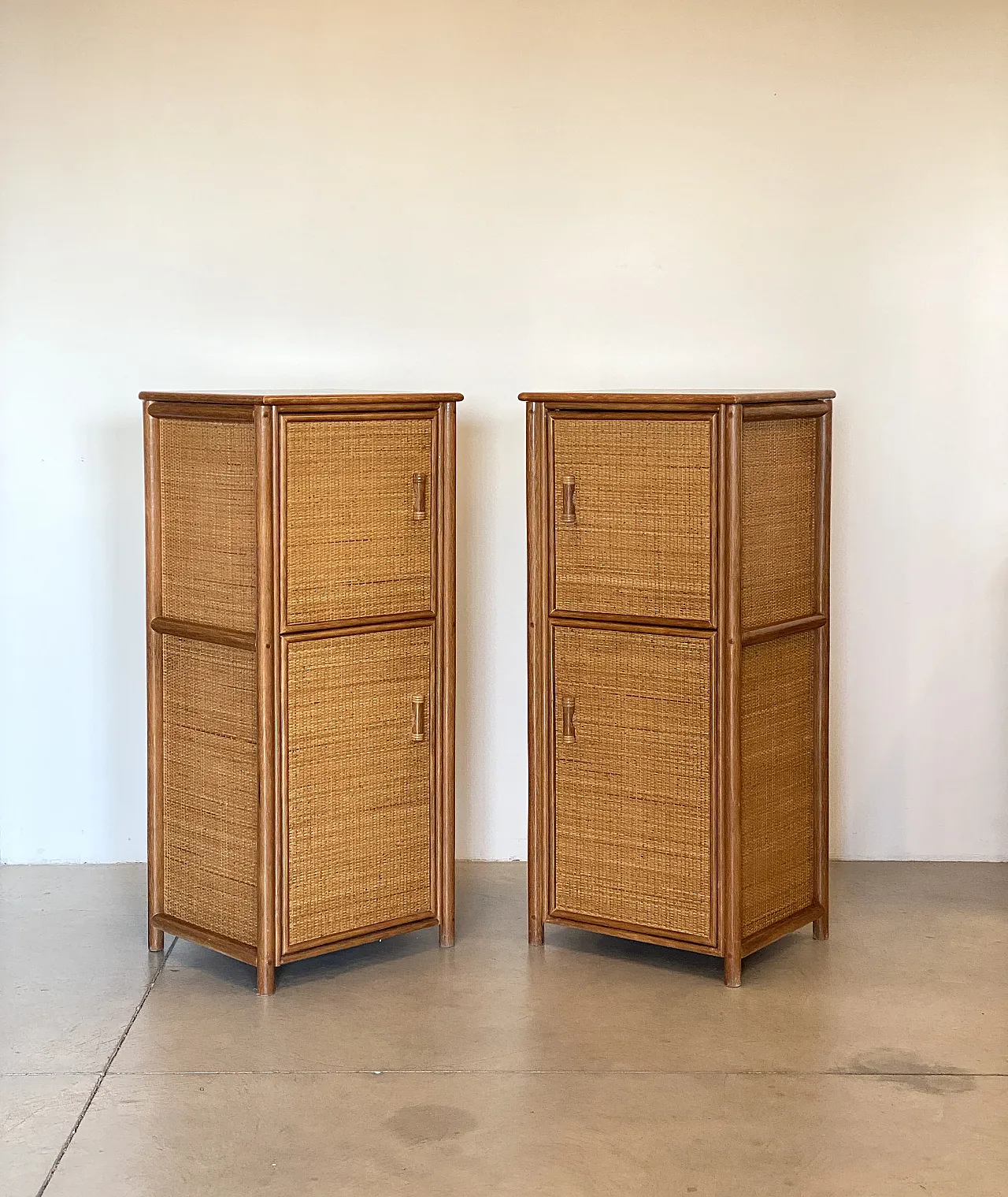 Pair of wicker cabinets and bamboo, 80s 2