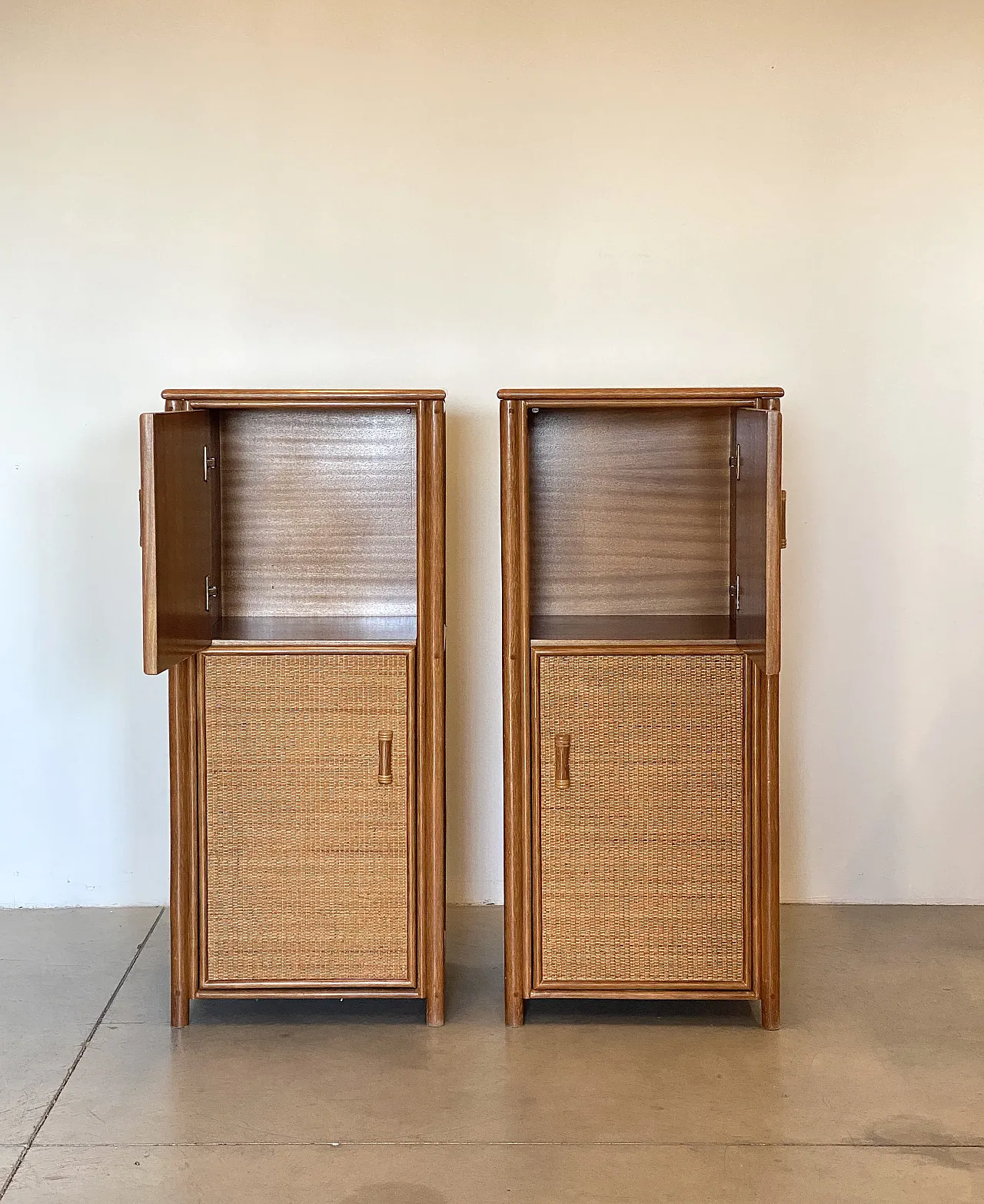 Pair of wicker cabinets and bamboo, 80s 4