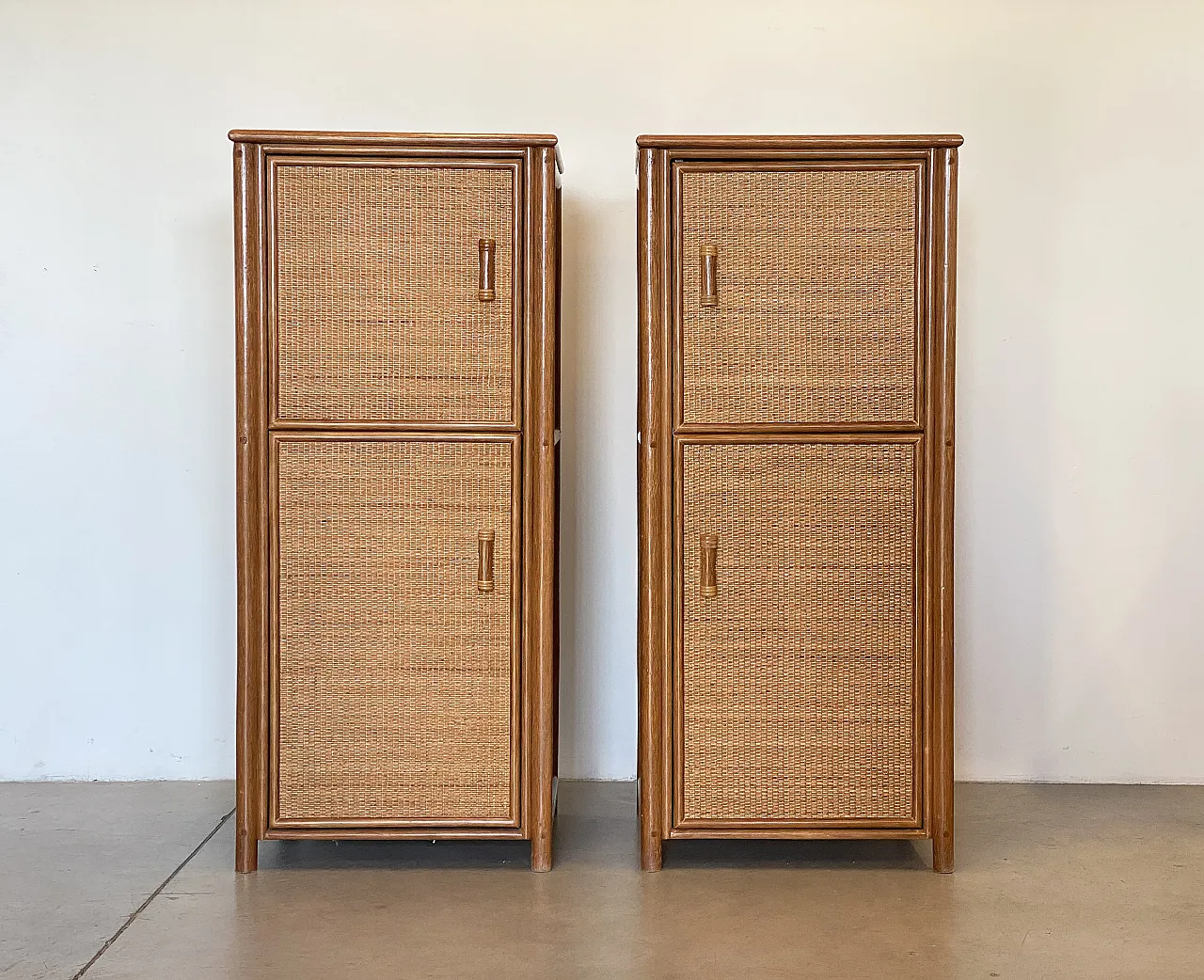 Pair of wicker cabinets and bamboo, 80s 7