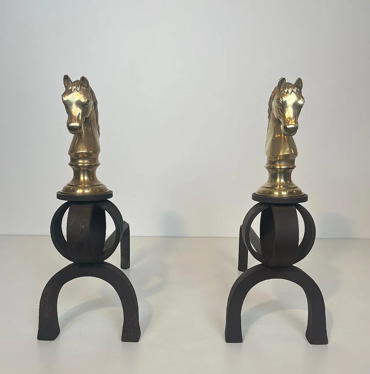 Pair of bronze & wrought iron hallways with horse heads, 20th century 3