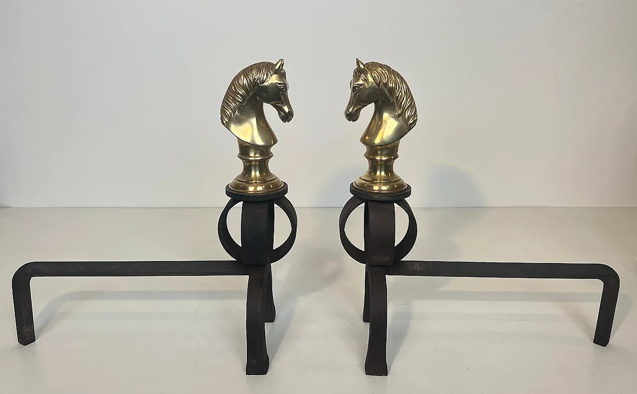 Pair of bronze & wrought iron hallways with horse heads, 20th century 4