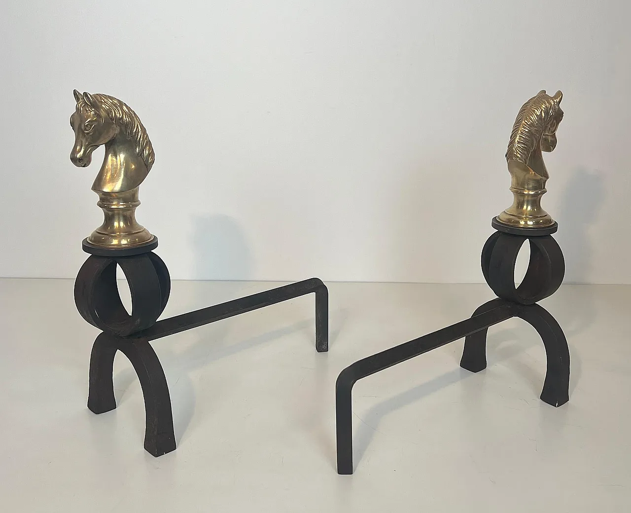 Pair of bronze & wrought iron hallways with horse heads, 20th century 5