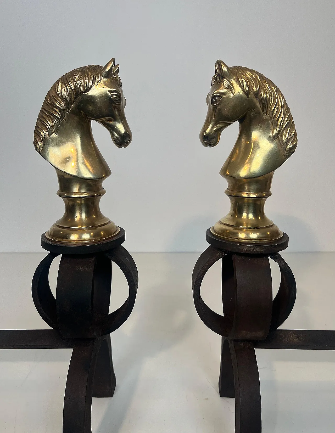 Pair of bronze & wrought iron hallways with horse heads, 20th century 16