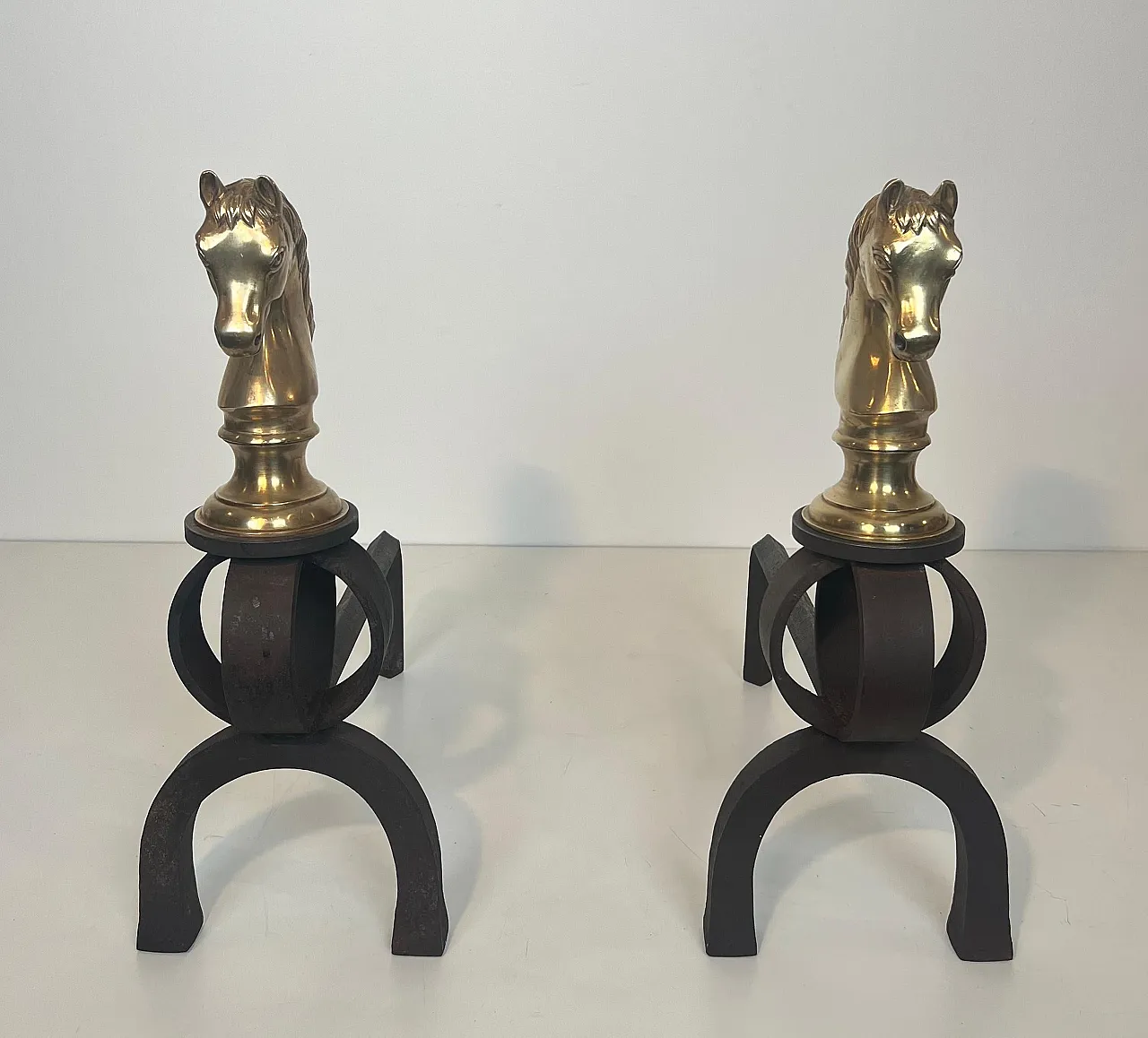 Pair of bronze & wrought iron hallways with horse heads, 20th century 19