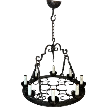 Lampadario rotondo in ferro battuto a 8 luci in stile gotico, anni '50