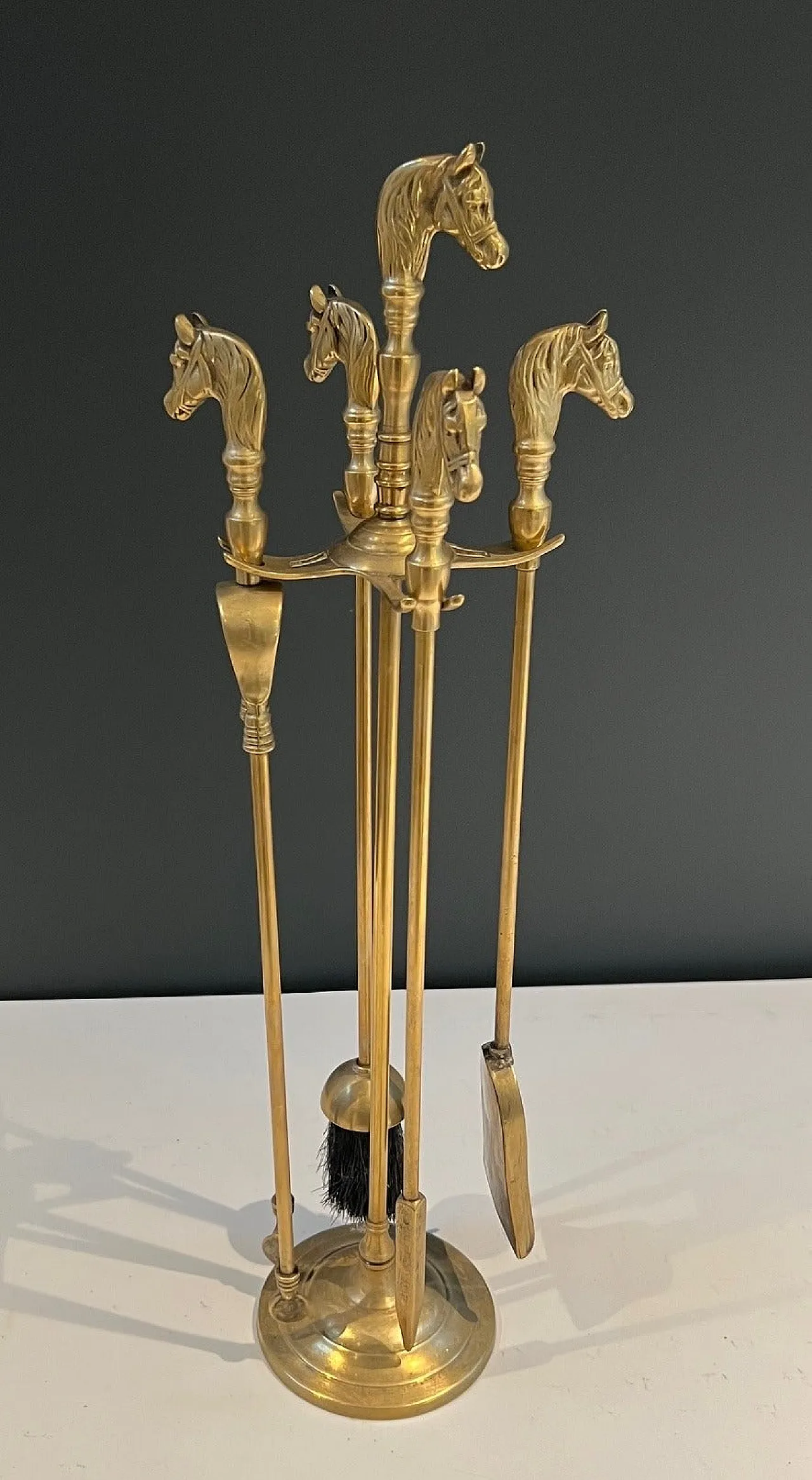 Brass fireplace tools with horse head, 1950s 1