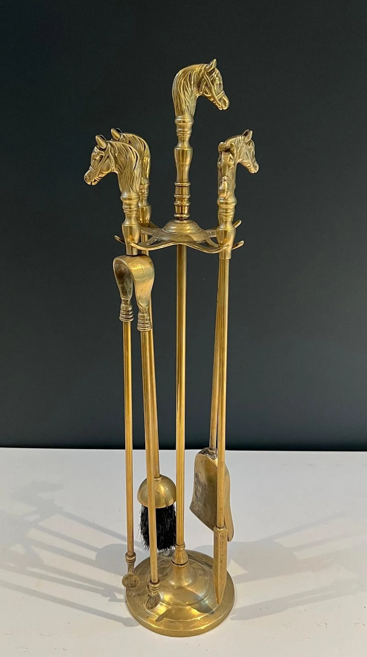 Brass fireplace tools with horse head, 1950s 2