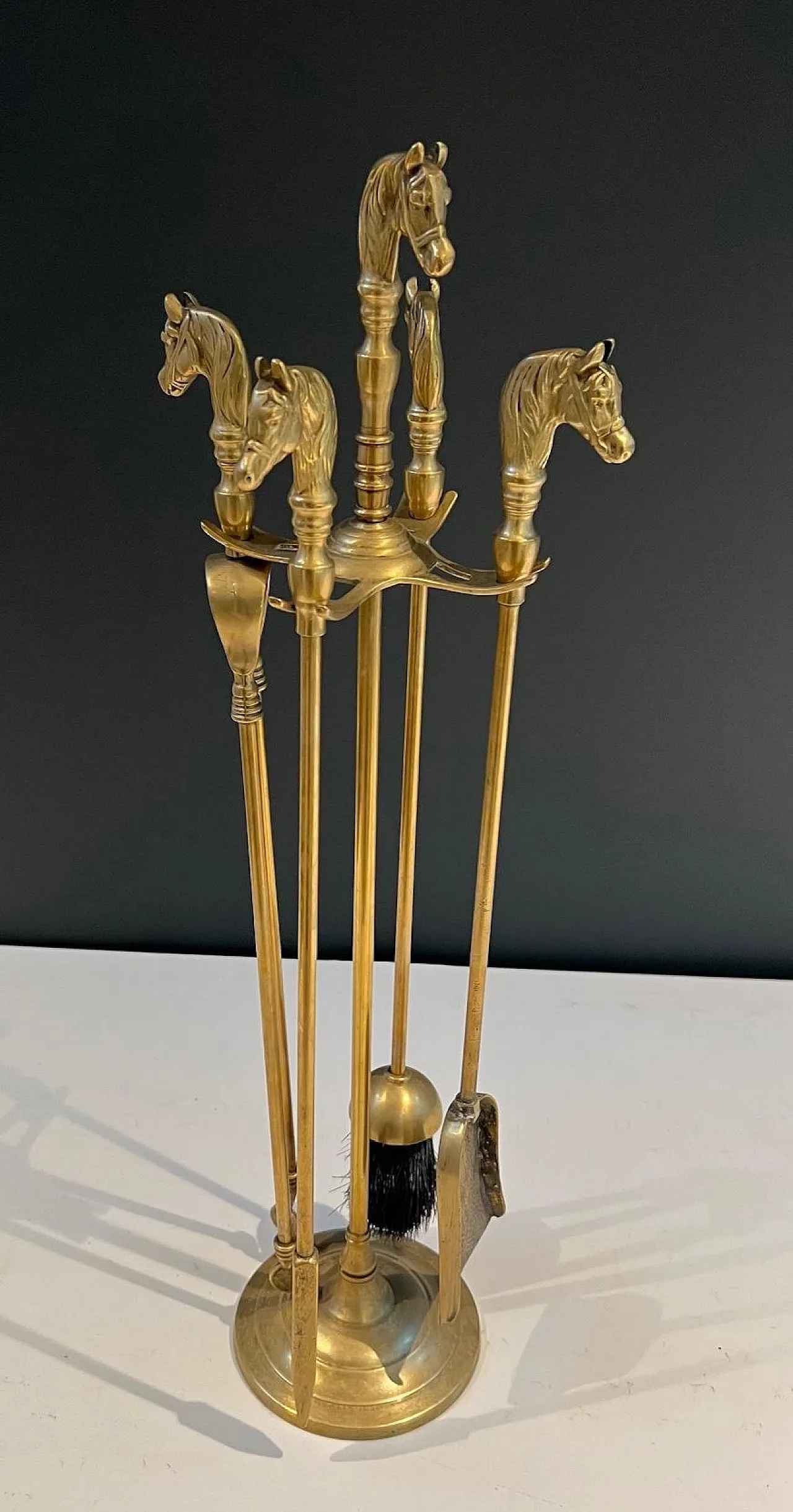 Brass fireplace tools with horse head, 1950s 3