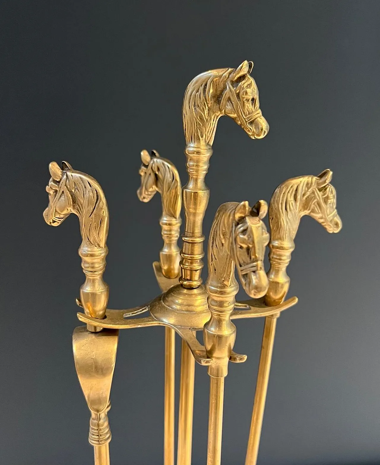 Brass fireplace tools with horse head, 1950s 4