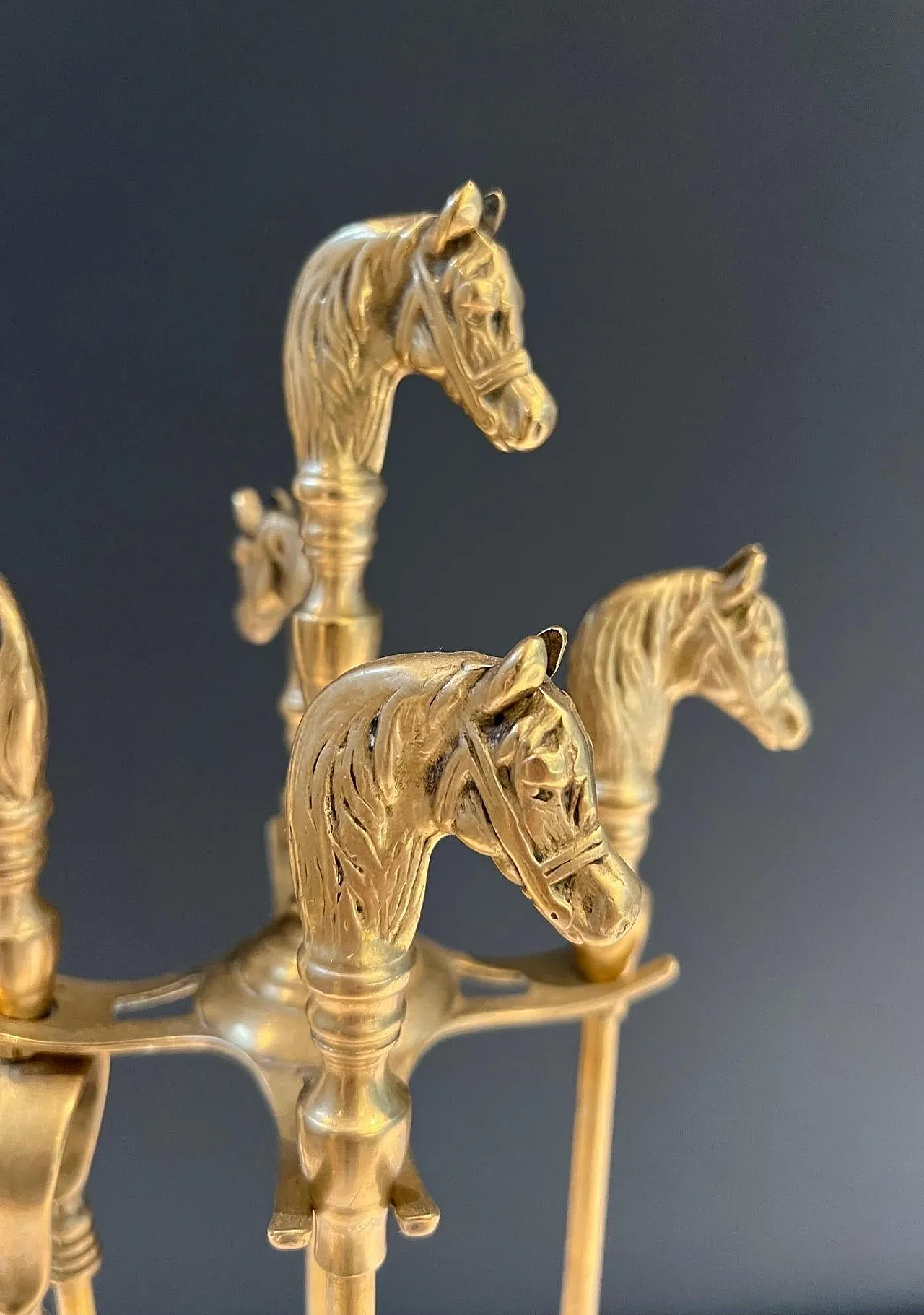 Brass fireplace tools with horse head, 1950s 6