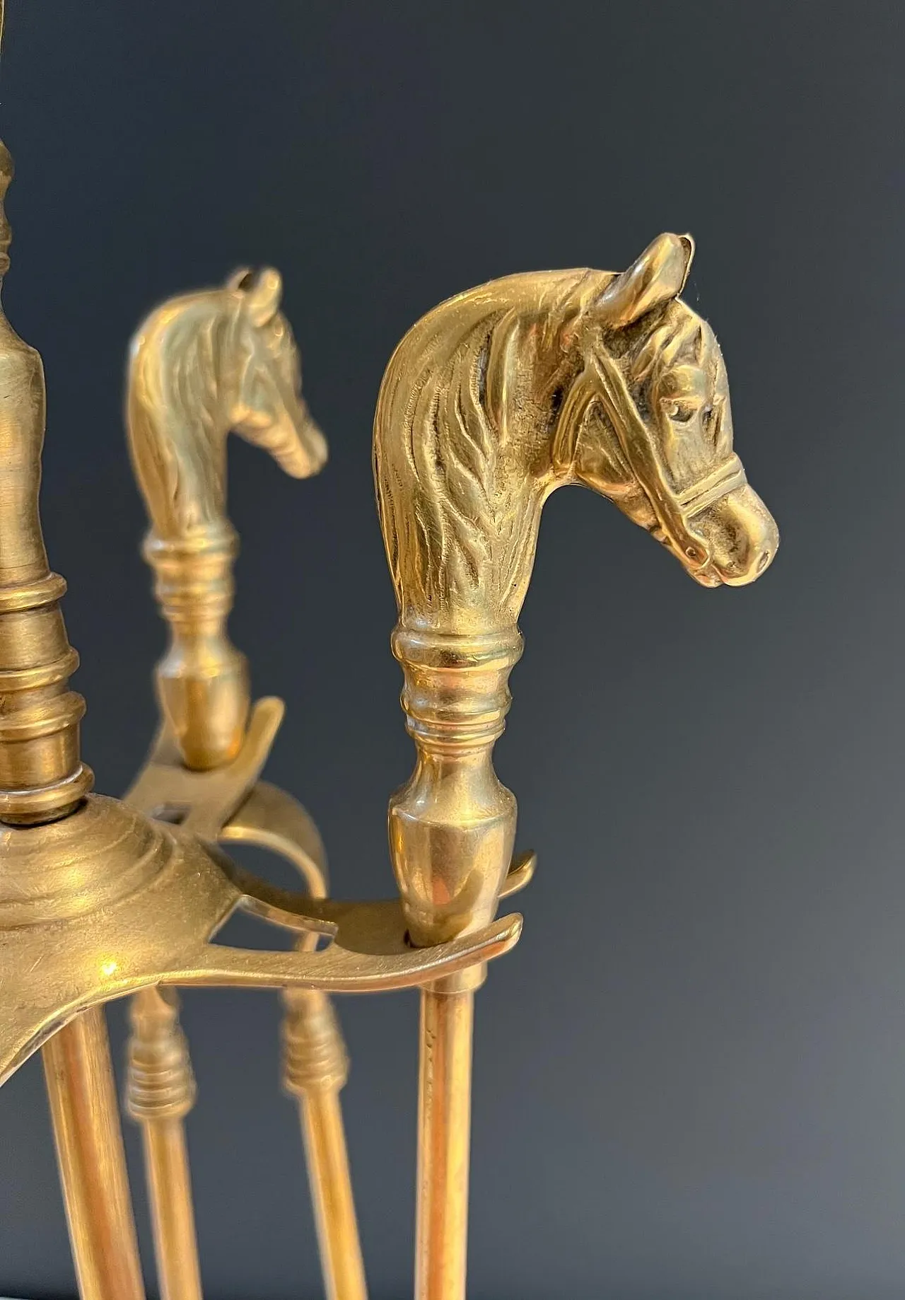 Brass fireplace tools with horse head, 1950s 7