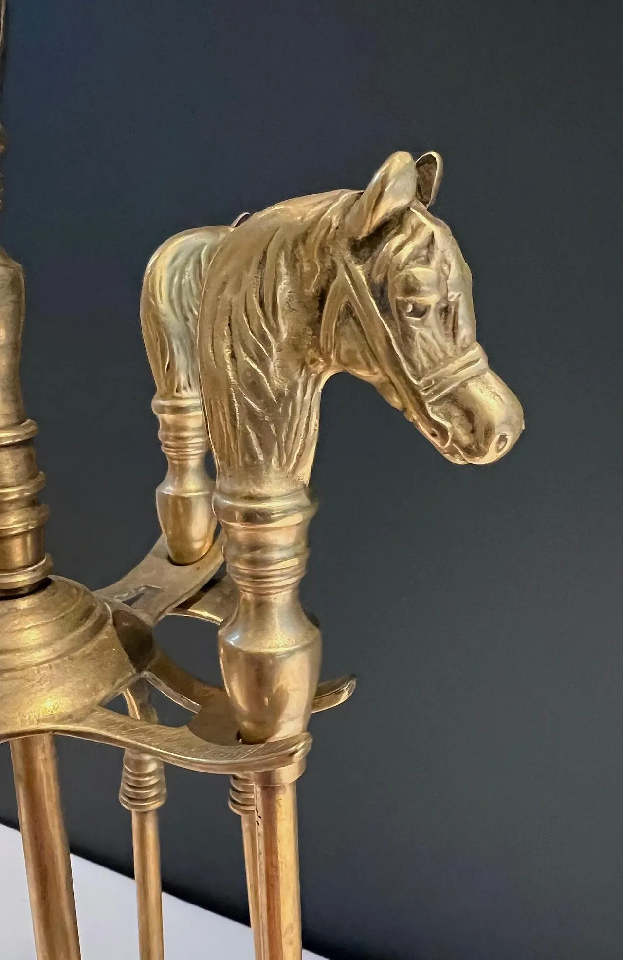 Brass fireplace tools with horse head, 1950s 8