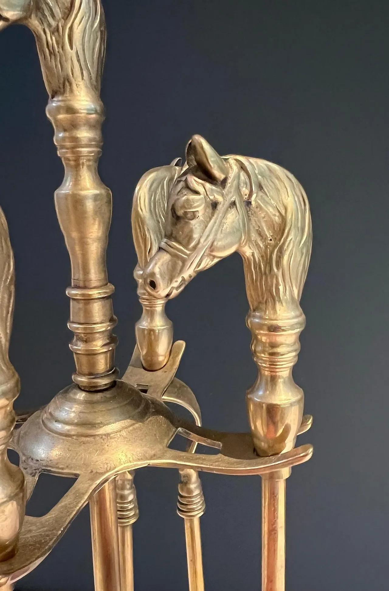 Brass fireplace tools with horse head, 1950s 9