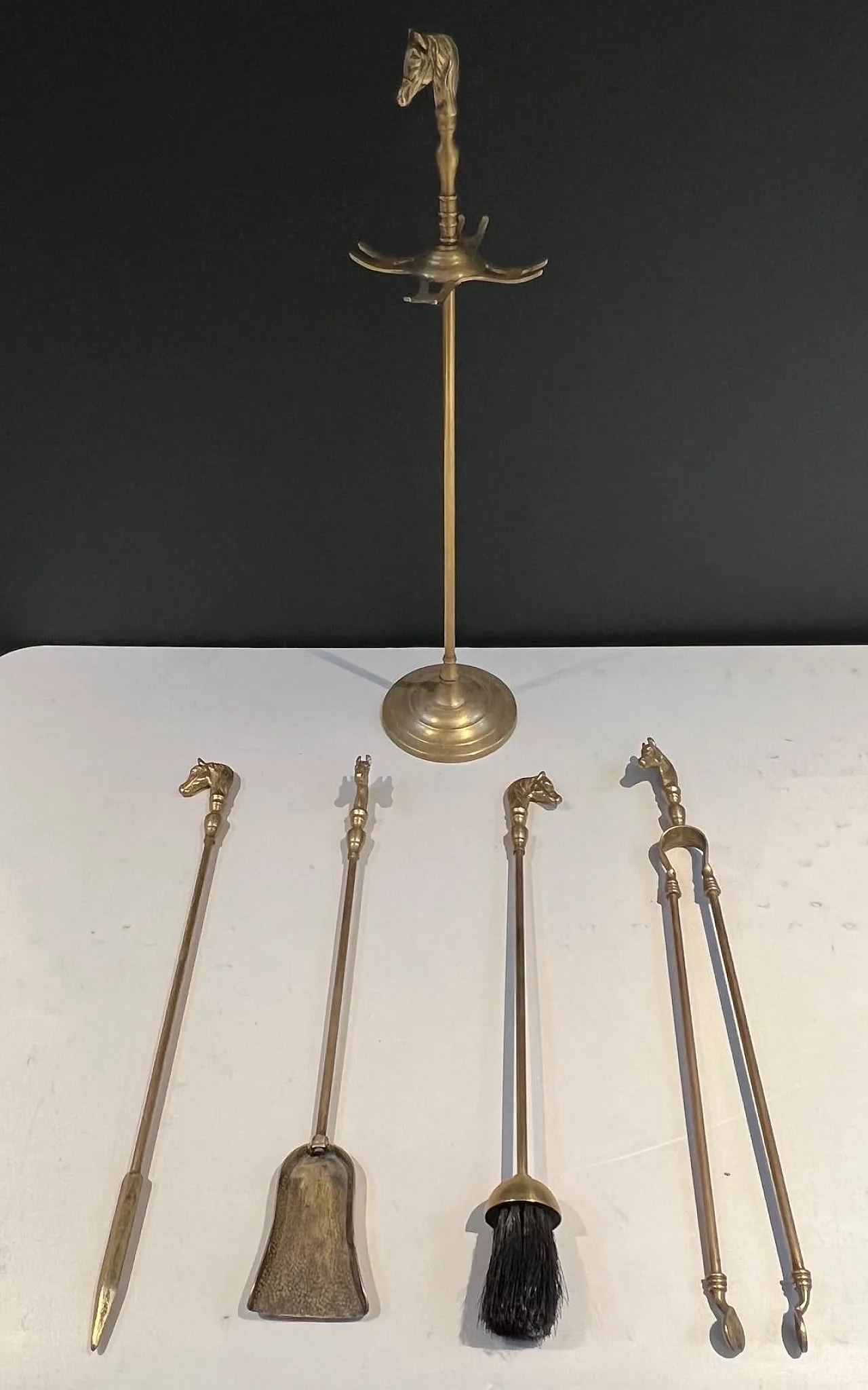 Brass fireplace tools with horse head, 1950s 10