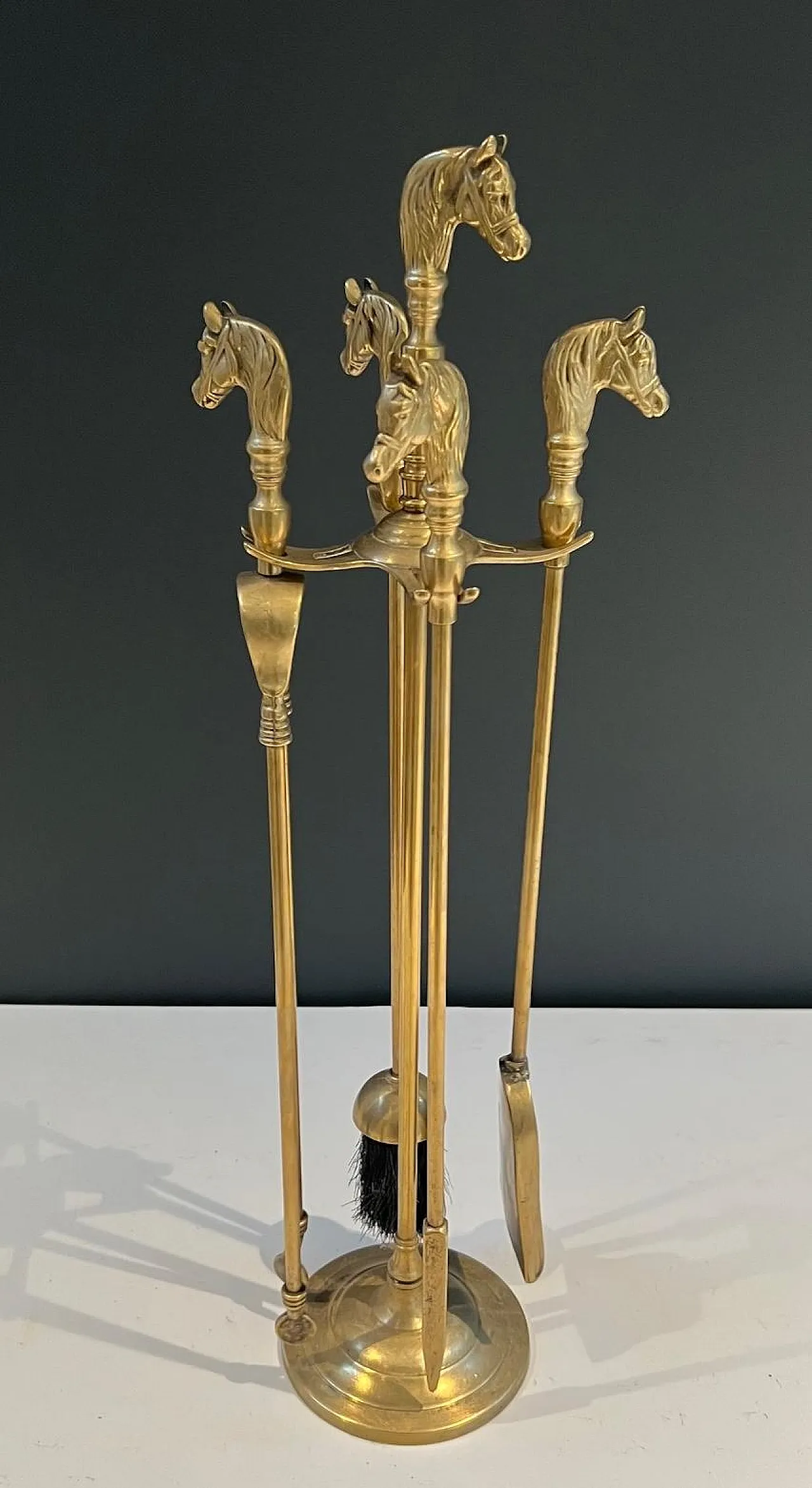 Brass fireplace tools with horse head, 1950s 11