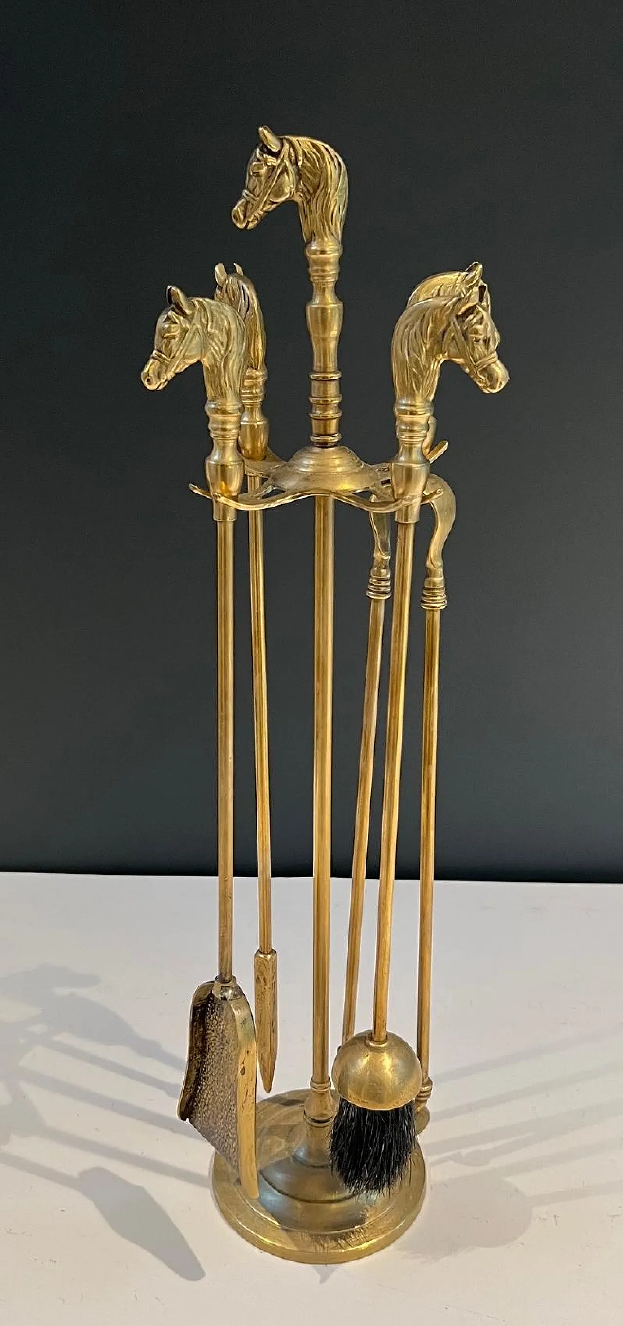 Brass fireplace tools with horse head, 1950s 12