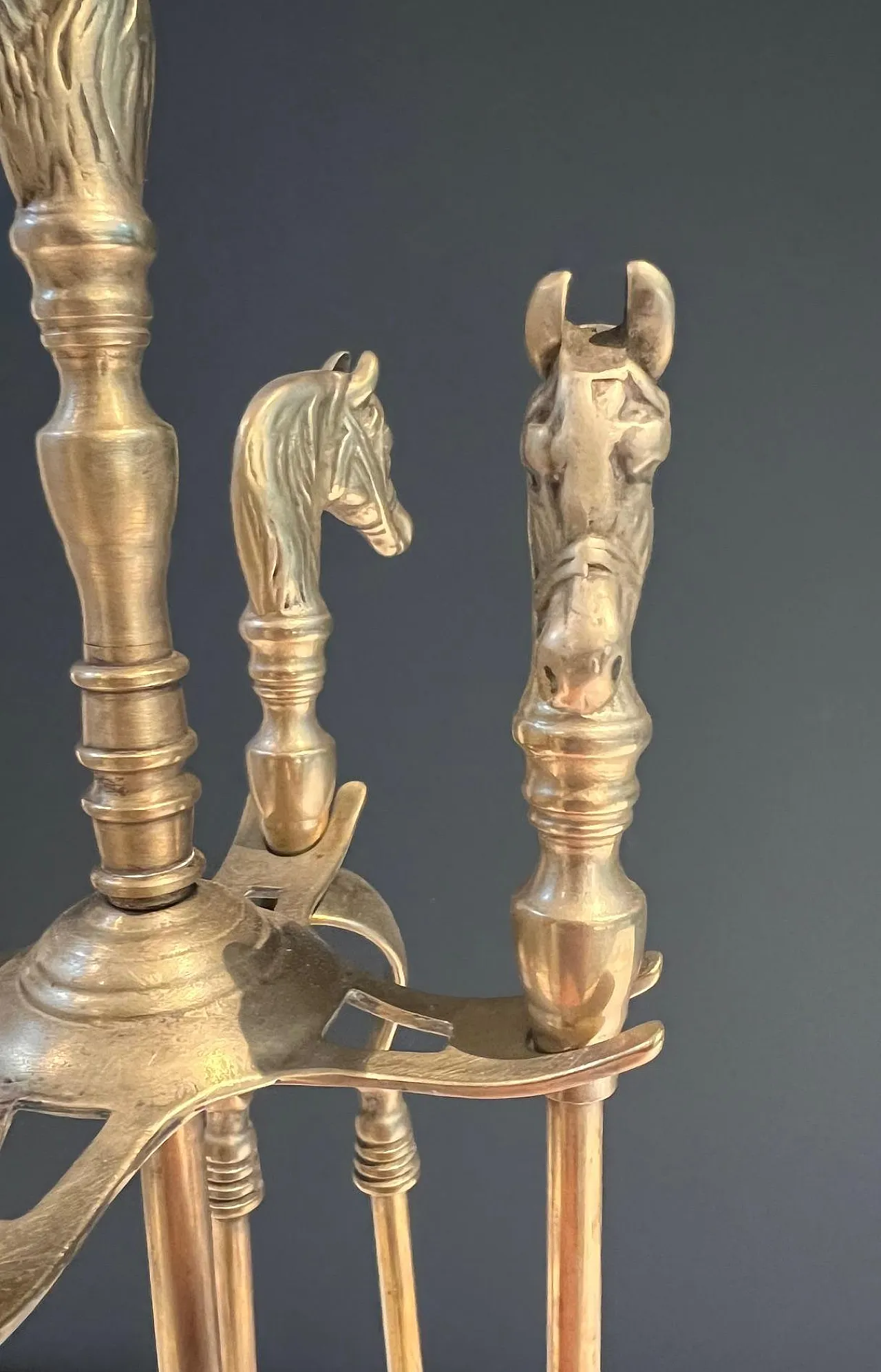 Brass fireplace tools with horse head, 1950s 13