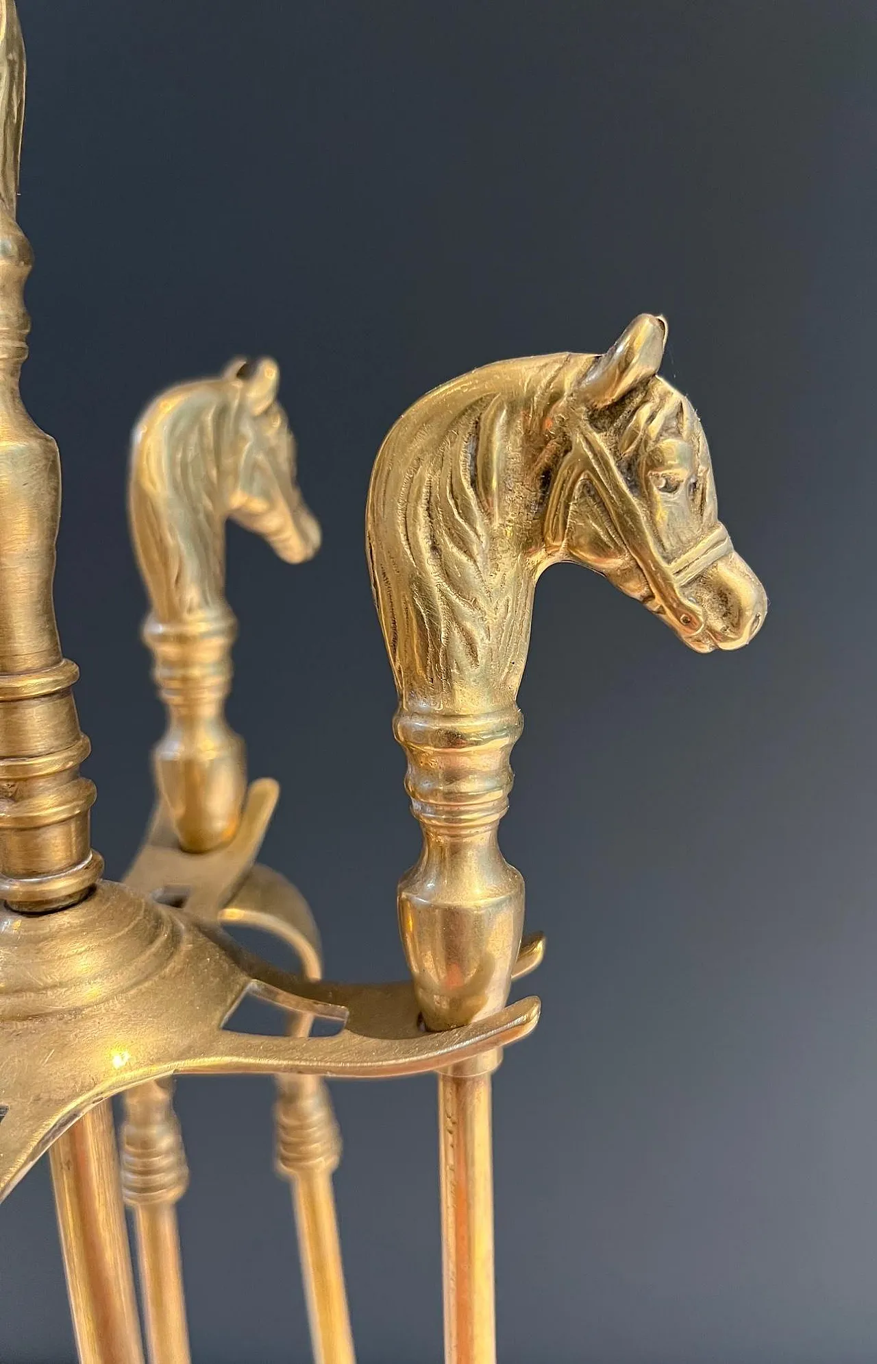 Brass fireplace tools with horse head, 1950s 14