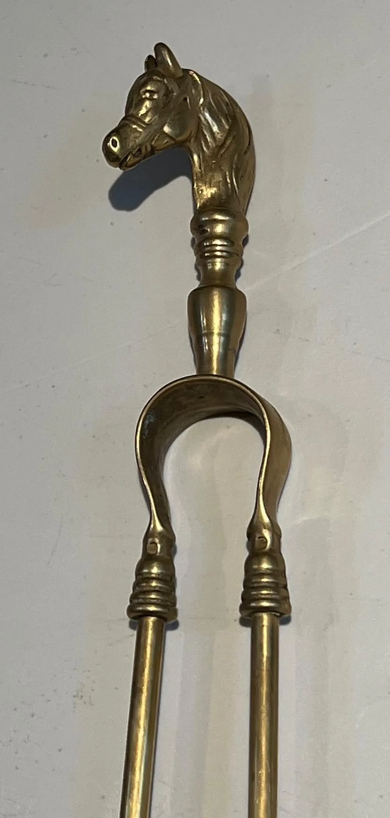 Brass fireplace tools with horse head, 1950s 15