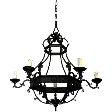 Lampadario a gabbia in ferro battuto con 7 luci, anni '40