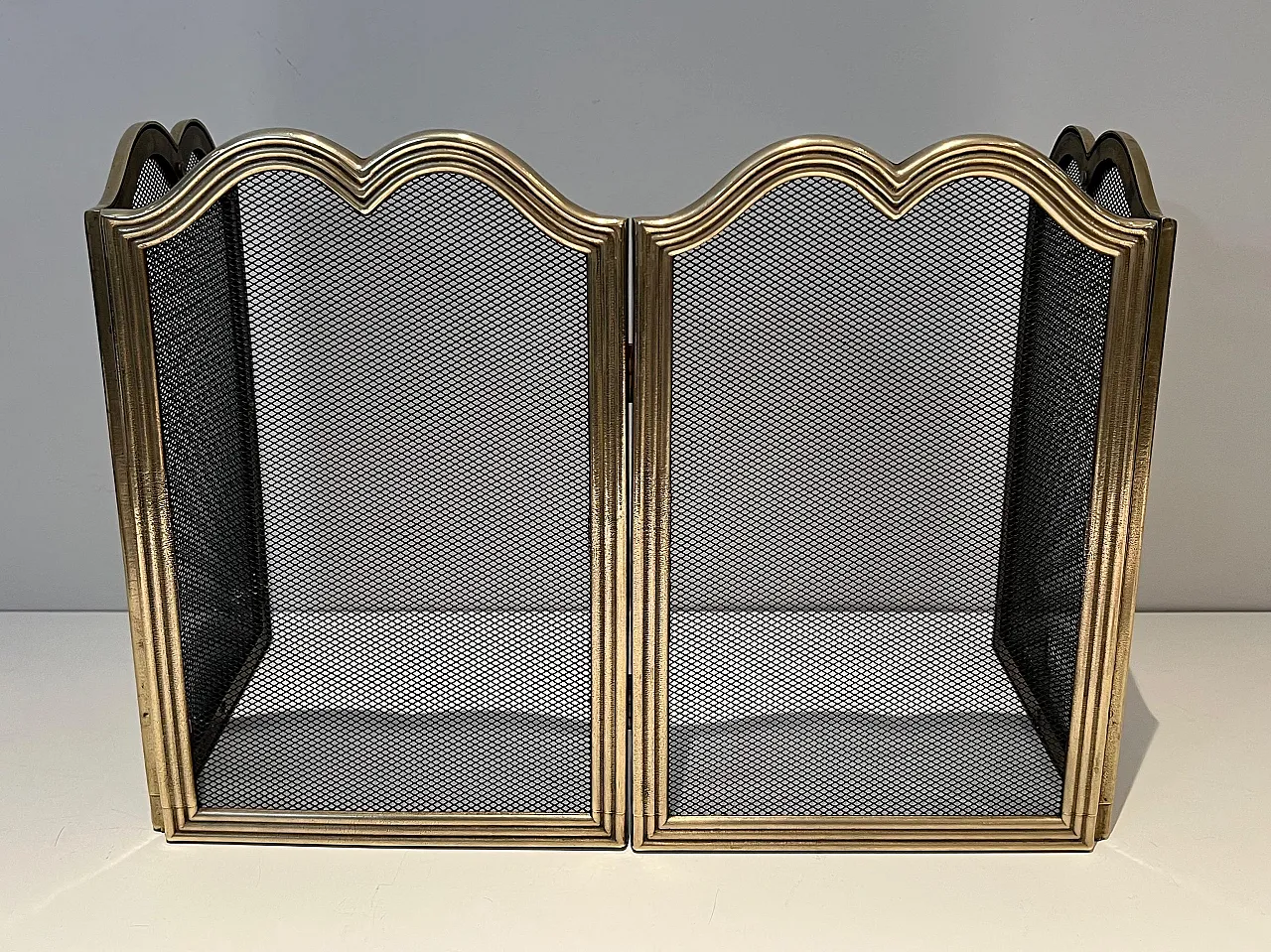 Paravento per camino in ottone e griglia stile neoclassico, anni '70 3
